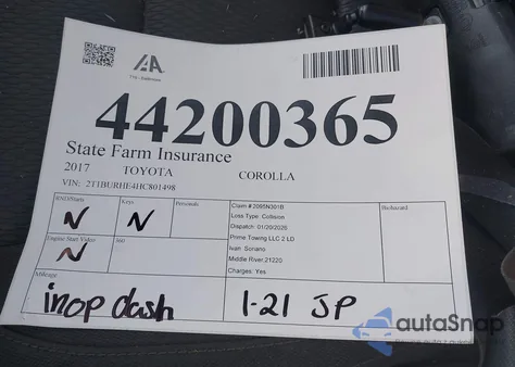2017 Toyota Corolla Le from USA, damaged, VIN 2T1BURHE4HC801498